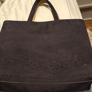 Black Suede Tote Bag with Decorative Perforation